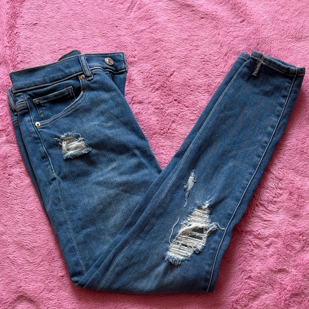Express Blue Distressed Cropped Skinny Super High Rise Jeans